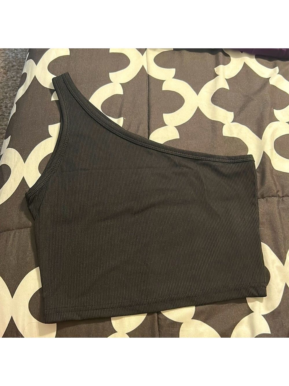 One Shoulder Black Ribbed Crop Top Small